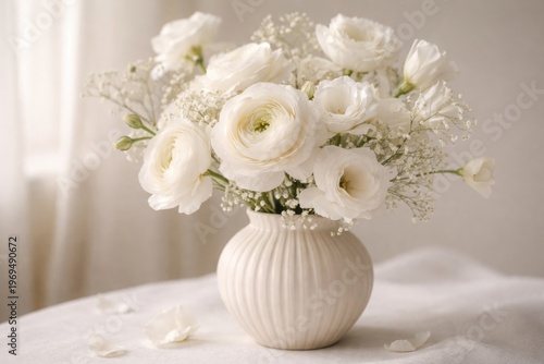 Close up of a vase with white flowers and delicate petals in serene elegant display