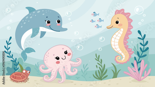 Smiling sea animals with blush cheeks dolphin octopus seahorse and turtle underwater with coral and seaweed cute cartoon illustration
