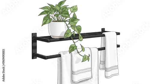 Modern Bathroom Towel Rack with Hanging Towels and Indoor Plant, Minimal Home Decor and Organization Illustration