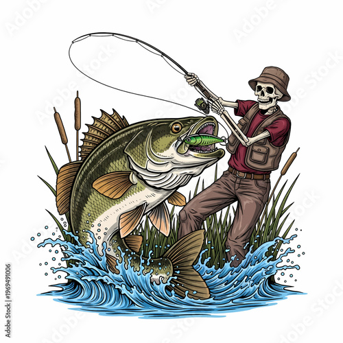 Skeleton fisherman catching big walleye fish in the river