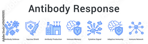 Antibody response banner web icon demonstrates vaccine-triggered antibody production and immune memory formation processes.