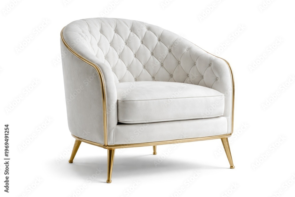 Fototapeta premium Classic art deco white armchair with quilted upholstery on brass legs isolated on white background with clipping path