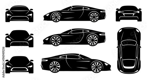 Black Sports Car Silhouettes: Front, Side, Top Views - Modern Automotive Design