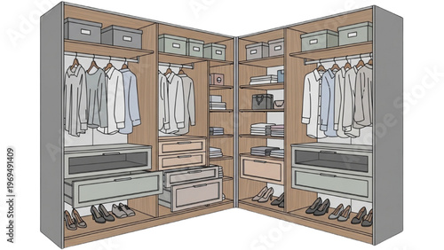 Walk In Closet Wardrobe Interior with Organized Shelves Drawers Hanging Clothes and Shoes, Modern Storage Design Illustration