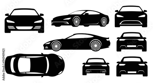 Black Sports Car Silhouettes Collection: Multiple Angles - Front, Side, Top, Rear Views