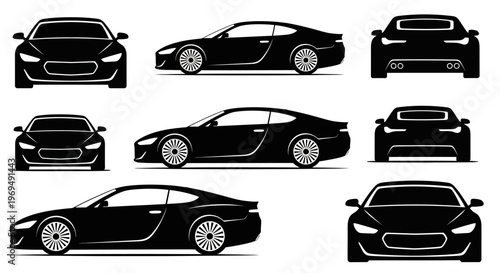 Black Sports Car Silhouettes: Front, Side, and Rear Views
