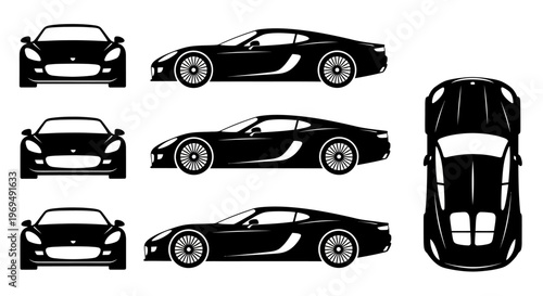 Black Sports Car Silhouettes: Front, Side, and Top Views