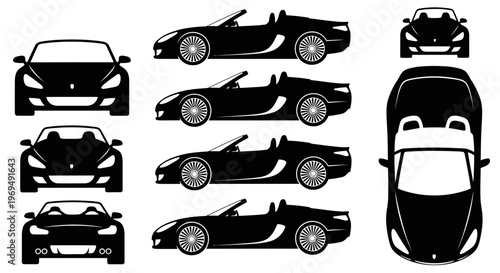 Black Sports Car Silhouettes: Front, Side, and Top Views