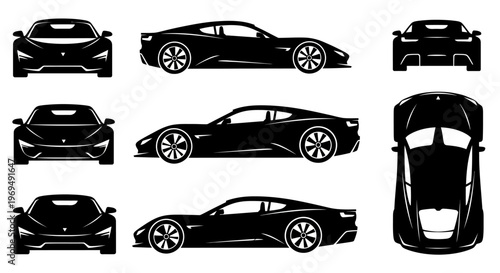 Black Sports Car Silhouettes: Front, Side, and Top Views