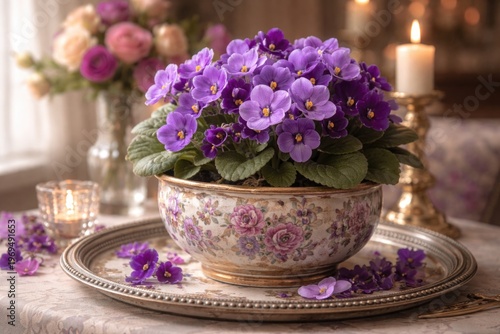 Colorful flowerpot arrangement featuring purple violets on an elegant table display