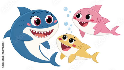 Three smiling cartoon sharks with blush cheeks in water blue pink and yellow colors playful ocean friends