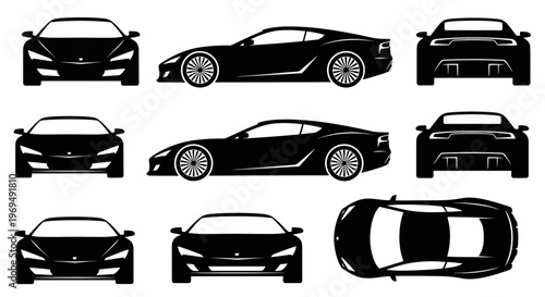 Black Sports Car Silhouettes: Front, Side, Rear, and Top Views