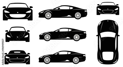 Black Sports Car Silhouettes: Front, Side, and Top Views