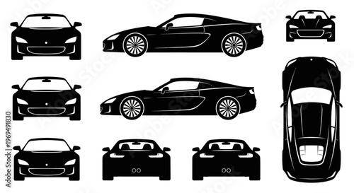 Black Sports Car Silhouettes: Front, Side, Rear, and Top Views