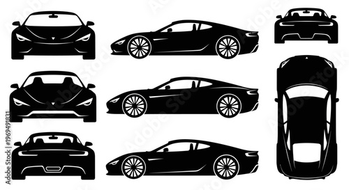 Black Sports Car Silhouettes: Front, Side, and Top Views