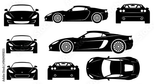 Black Sports Car Silhouettes: Front, Side, Rear, and Top Views