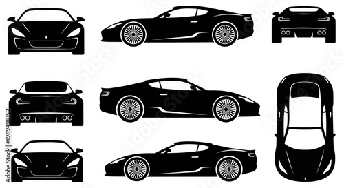 Black Sports Car Silhouettes: Front, Side, and Top Views