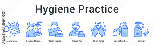 Hygiene practice banner web icon emphasizes proper handwashing and cough etiquette for disease prevention routines.
