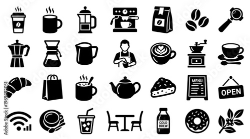 Coffee Shop Icons Collection: Espresso Machine, Croissant, Coffee Beans, Barista, French Press, Teapot, Cold Brew, Donut, Wifi, Table, Menu, Open Sign