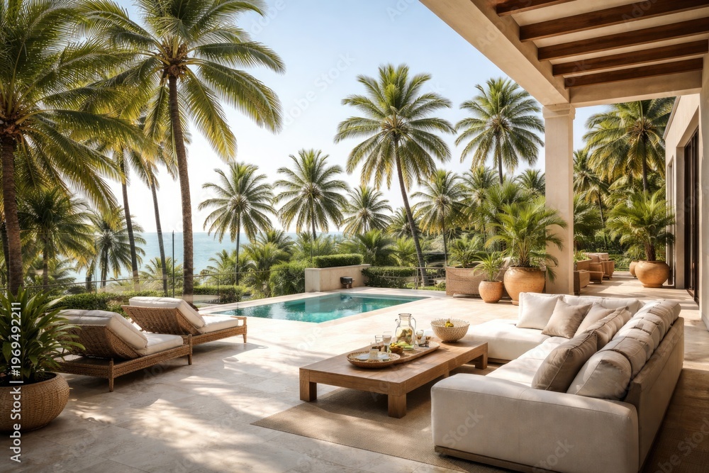Fototapeta premium Sunny villa terrace overlooking tall palm trees on a bright day