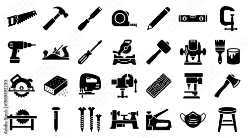 Collection of Hand Tools and Workshop Equipment Icons for DIY and Construction Projects