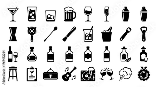 Collection of Bar and Drink Icons Representing Nightlife and Celebration