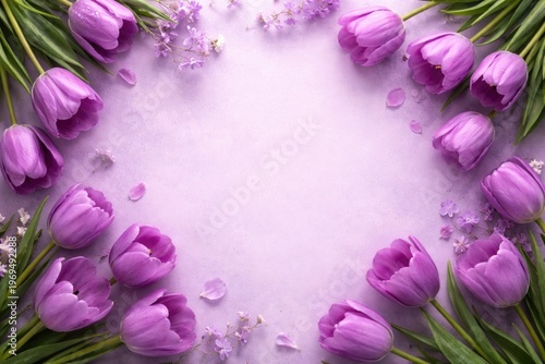 Top view of beautiful purple tulips on a soft purple floral background with copy space