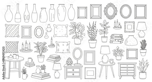 Collection of Hand-Drawn Botanical Illustrations and Home Decor Elements.