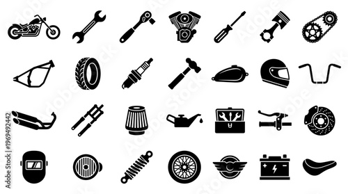 Motorcycle Parts and Tools Collection Icons Set for Repair and Maintenance Services