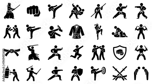 Martial Arts Icons Set Diverse Combat Sports Silhouettes Representing Discipline Strength and Self Defense Training