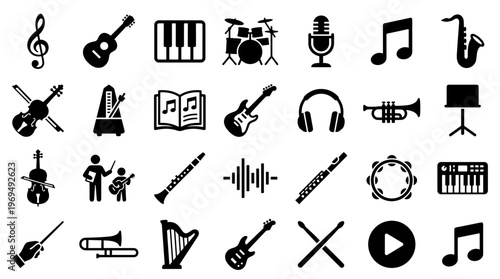 Collection of Music Icons and Symbols Representing Various Instruments and Musical Elements