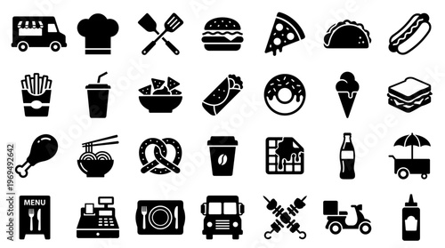 Collection of diverse food and drink icons representing fast food and street food services