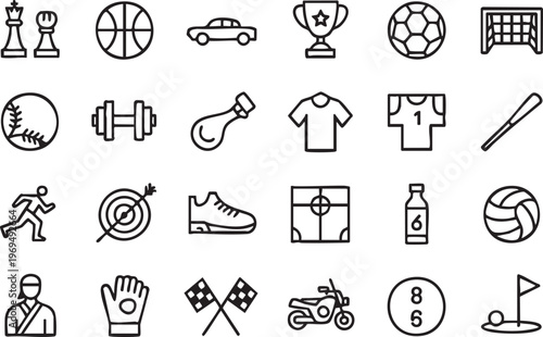 Fitness and sports line icon set featuring balls gym tools and competition elements