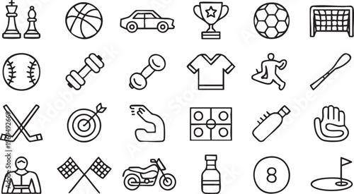 Athletic and fitness outline icon set with competition and recreation elements