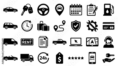 Car rental service icons collection for online booking and transportation solutions
