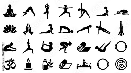 Diverse Yoga Poses and Symbols Collection for Wellness and Mindfulness