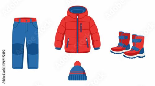 Winter clothing set for children including a red puffer jacket, blue pants, a beanie hat, and red boots.