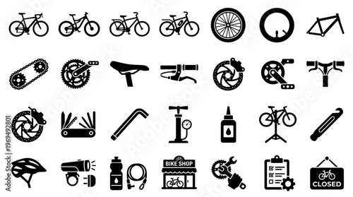 Comprehensive Bicycle Icons Collection for Cycling Enthusiasts and Repair Services