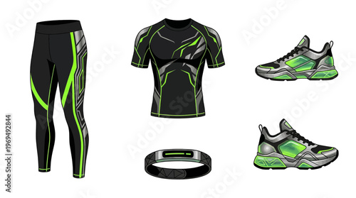 Stylish black and neon green athletic wear set including compression leggings, t-shirt, and sneakers, plus a fitness tracker.