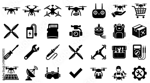 Drone technology and accessories collection icons set for aerial photography and videography services
