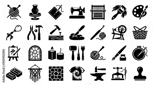 Collection of Craft and Hobby Icons Representing Diverse Creative Activities and Artistic Pursuits