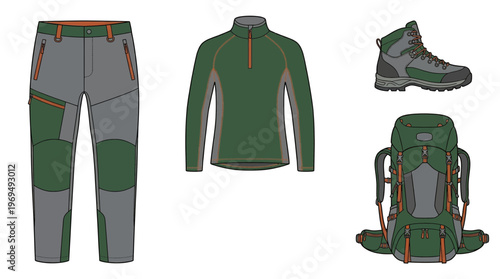 Outdoor adventure gear including hiking pants, a fleece jacket, a boot, and a backpack.
