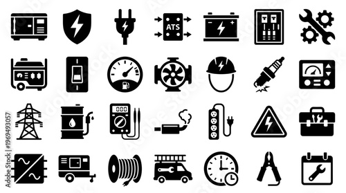 Electricity and Energy Icons Set Generator Power Tools Safety Equipment and Battery Symbols for Technical Concepts