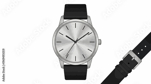 Minimalist silver analog wristwatch with a black leather strap and buckle, isolated on white background.