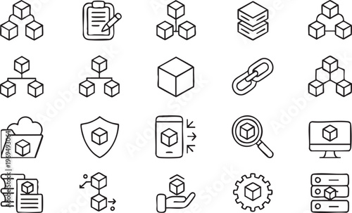Blockchain outline icons for UI design with decentralized system and database elements