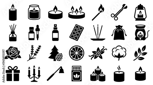 Aromatherapy and Relaxation Icons Set: Candles Diffusers Scents and Accessories for Wellness and Spa