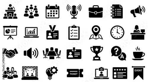 Collection of business and event icons representing meetings presentations and success concepts
