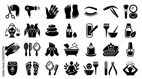 Beauty and Wellness Icons Set Spa Treatments Hair Care Skin Care Massage and Relaxation Symbols