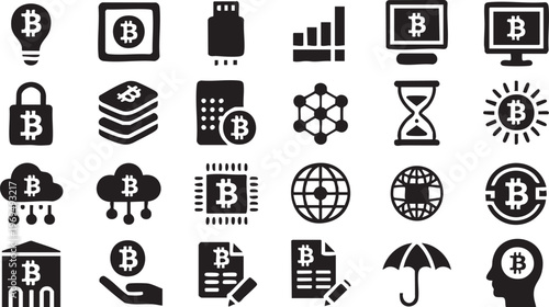 Crypto and fintech icon collection with digital currency and investment symbols