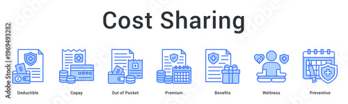 Cost sharing banner web icon explains deductible, copay structures and wellness benefits for preventive healthcare savings.